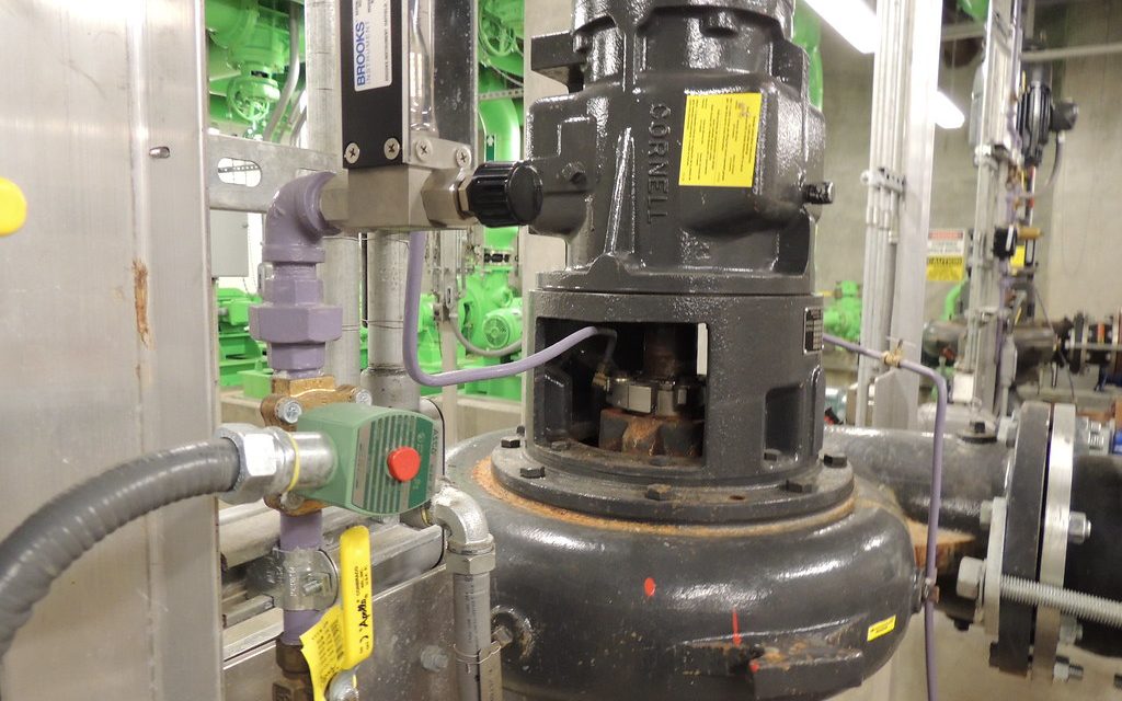 Cornell wastewater pump and piping in a dry-pit pump station.